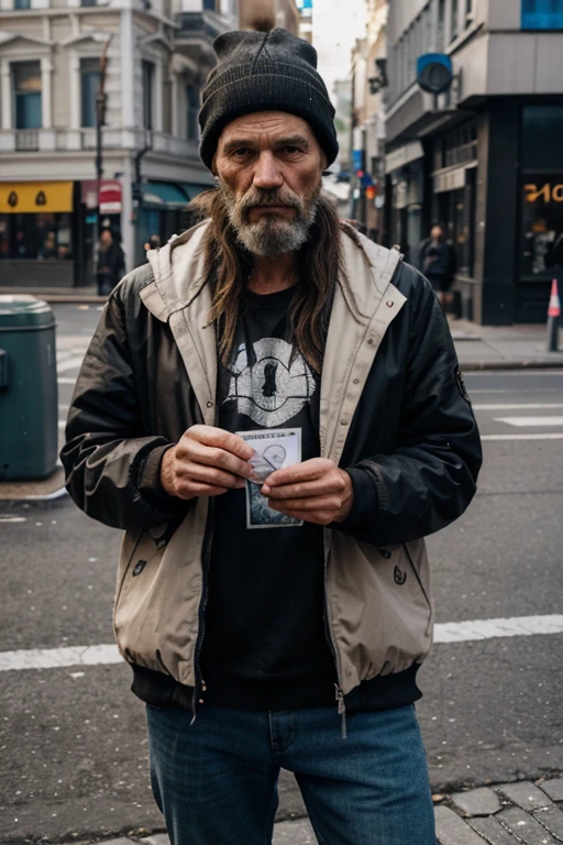 Draw a homeless person, who just won a million rubles. style: photo. permission 8k.