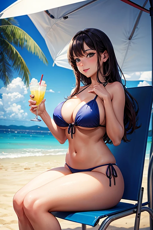 Busty woman in bikini, on the beach drinking lemonade, sitting on a chair, with an umbrella that gives shade.