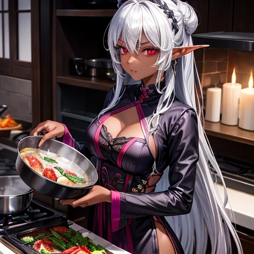 expensive、Slim figure。
- Long silver hair tied back。
- Sharp red eyes、Always keep a calm expression。
- A dark-skinned elf in gorgeous black and purple cooking attire Chef Uniform