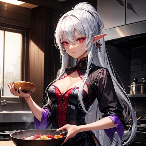 expensive、Slim figure。
- Long silver hair tied back。
- Sharp red eyes、Always keep a calm expression。
- Gorgeous black and purple chef uniform　Brown skinned elf