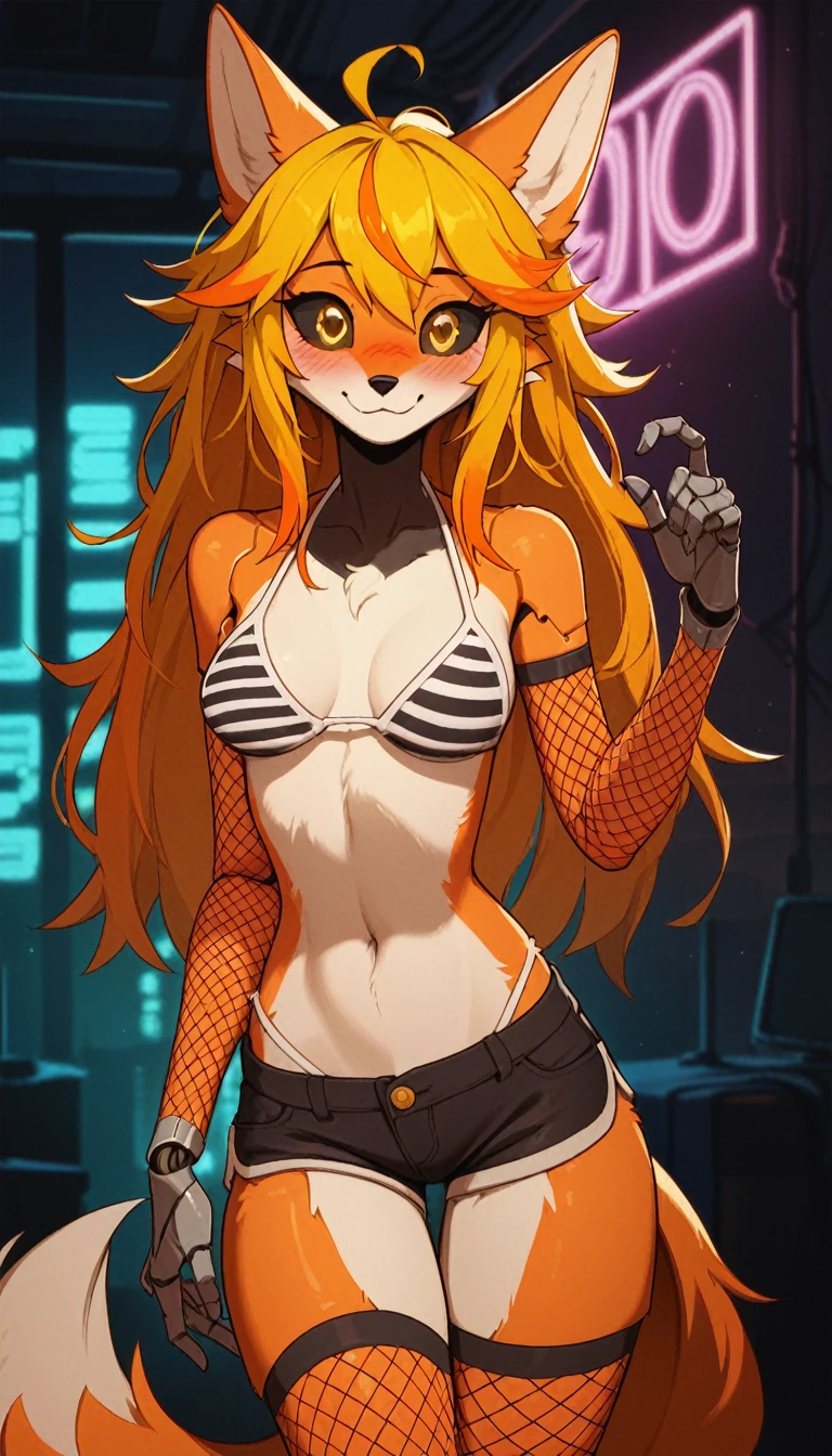 Excited expression, 1girl, anthro, furry, fur, fluffy fur, fox girl, yellow hair (orange highlights), black sclera, yellow eyes, glowing eyes, long hair, Messy hair, (19 years), medium breast, thighs, solo, (futuristic bedroom), neon lights, detailed, white bikini (striped bikini), black shorts, white fishnet stockings, white fishnet armwear, wide smile (closed mouth), looking at the viewer, blush, (robot), score_9, score_8_up, score_7_up, score_6_up, score_5_up, score_4_up