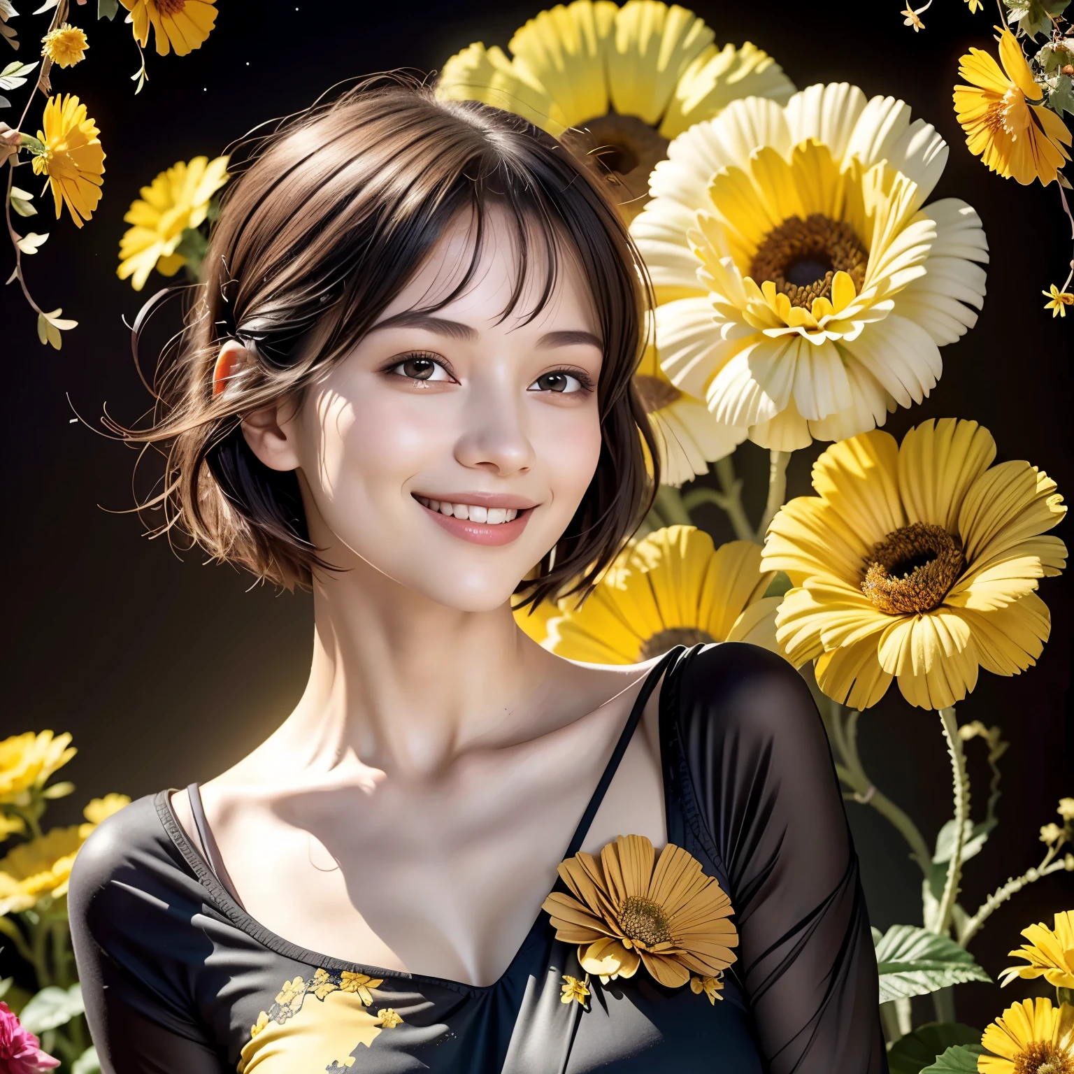 257 20-year-old female, (short hair),(Abstract background,Fractal Art), smile, flower