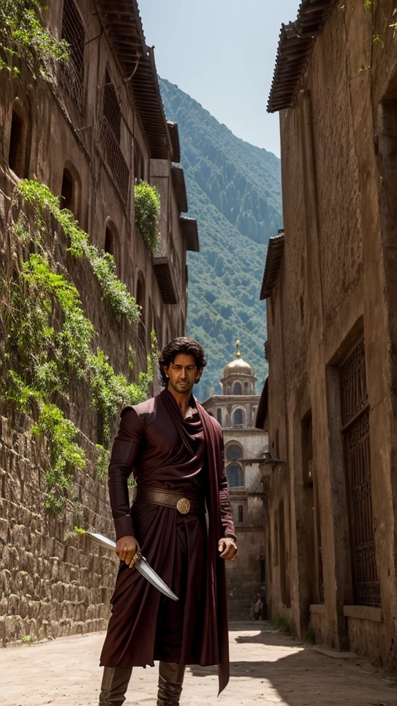 Hrithik roshan standing infront of a monastery with holding a sword in a very deadly manner