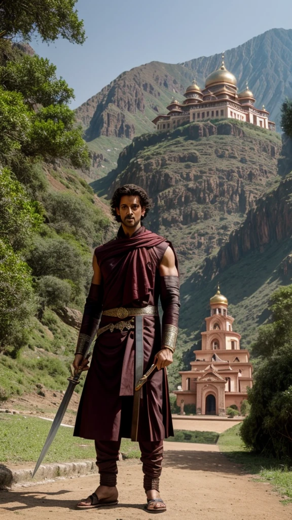 Hrithik roshan standing infront of a monastery with holding a sword in a very deadly manner