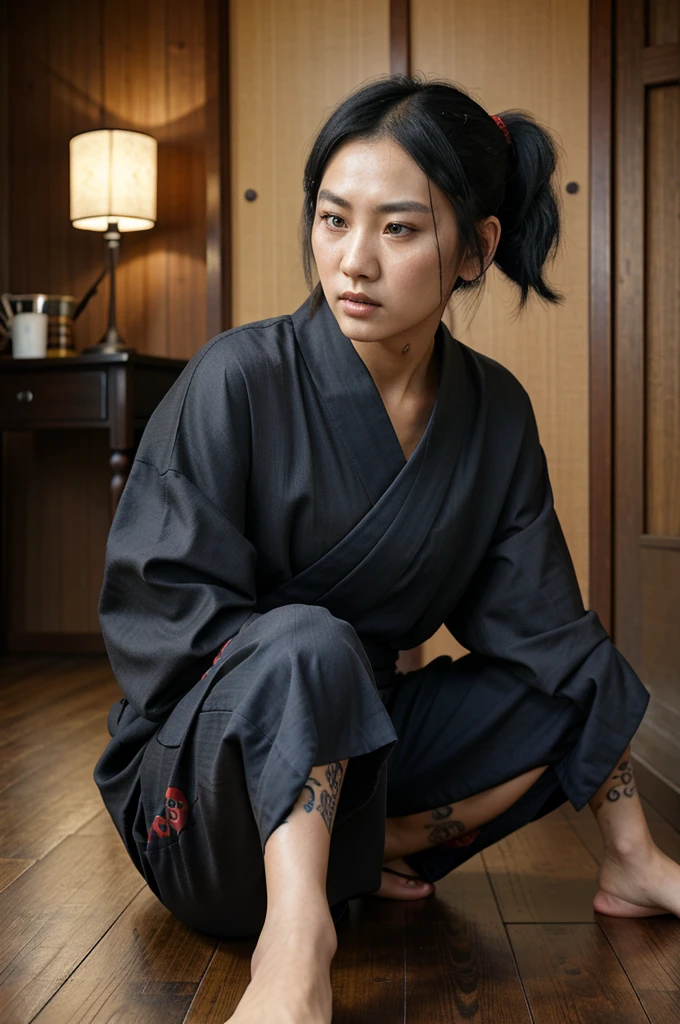 Hyper-detailed photorealistic image of a young Korean woman with short black hair, ponytail, having a full skin tattoo futuristic red-blue-black pattern Yakuza tattoo, yukata pants, sitting on an old-fashioned Japanese style wooden floor, with a cynical, hateful, angry face. is a beautiful woman.ultra HD