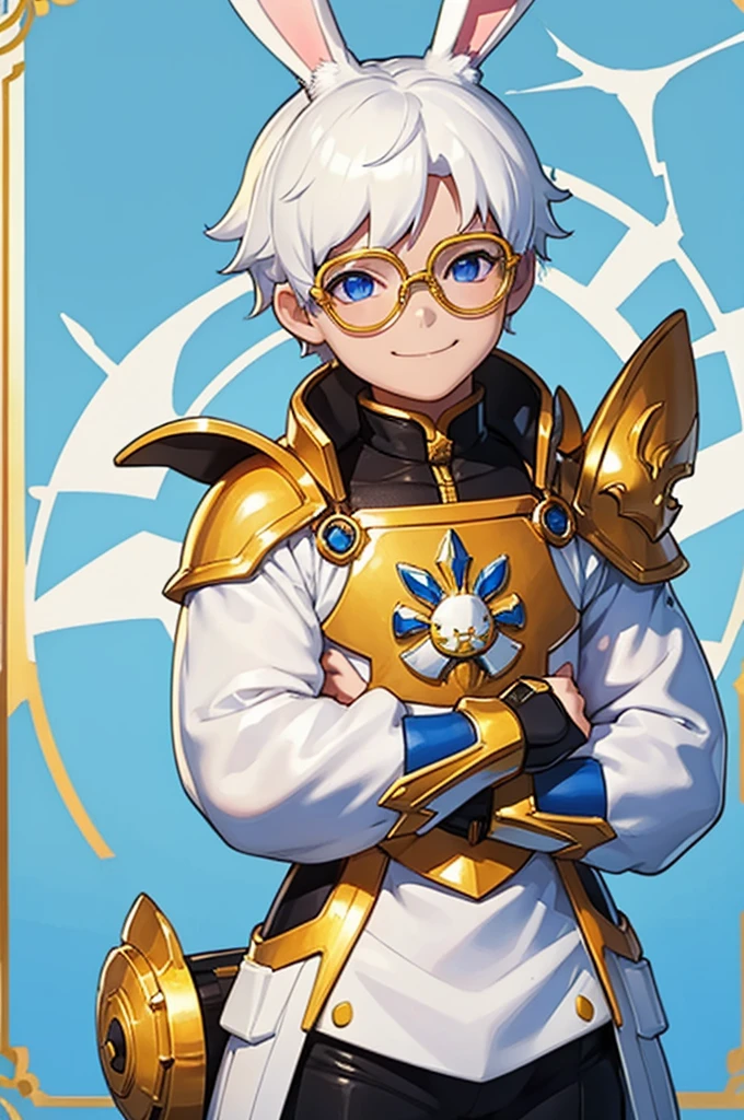 A boy with striking white hair、The bunny ears are very big、Golden armor、Siamese、Smile、Mechanical blue glasses and clothing、Center the character，Complete body，Background white
