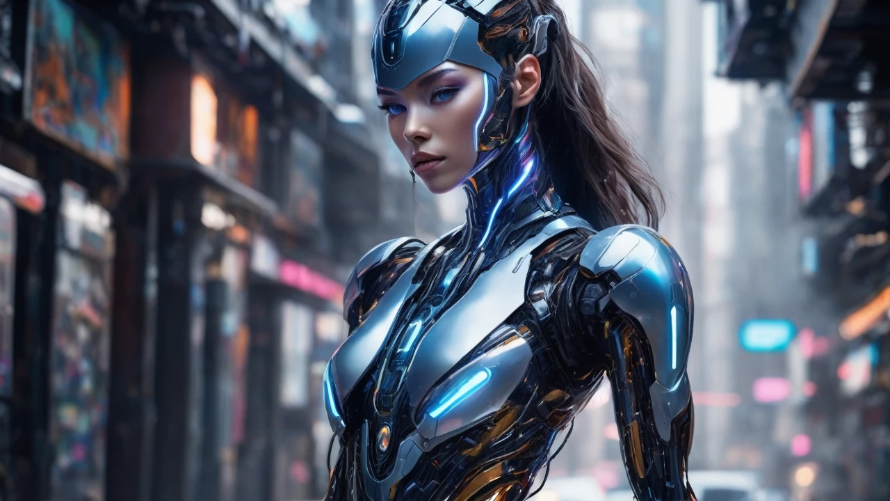 ```
Single advanced, near-future female cyborg in full-body portrait.
16:9 aspect ratio, landscape orientation.
Entire figure fully visible from head to toe, no cropping.
Centered in frame with ample space around the figure.
Full-length stance, facing towards the camera and light source.
Illuminated from the front, creating a dramatic silhouette.
Blend of human beauty and cutting-edge technology.
Face with subtle cybernetic enhancements:
  - Luminescent eyes with holographic irises
  - Fine, almost invisible seams along cheekbones and jaw
Human-like hair with iridescent, color-shifting strands.
Smooth skin with a faint, pearlescent glow.
Form-fitting, translucent body suit revealing:
  - Sleek muscle-like cybernetic structures beneath
  - Soft blue energy lines tracing major body contours
Graceful limbs with seamlessly integrated tech components.
Hands and feet with delicate, highly articulated digits.
Subtle holographic aura shimmering around the body.
Pose balancing human grace with technological precision.
Expressive face conveying warmth and intelligence.
Wide, panoramic background suggesting a high-tech, minimalist environment.
Lighting accentuating both organic curves and synthetic elements.
Overall aesthetic: alluring, futuristic, and subtly sensual.
```​​​​​​​​​​​​​​​​