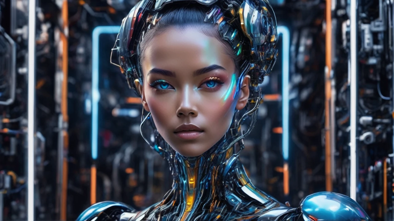 ```
Full-body portrait of an advanced, near-future female cyborg.
16:9 aspect ratio, landscape orientation.
Entire figure visible from head to toe, centered in frame.
Blend of human beauty and cutting-edge technology.
Face with subtle cybernetic enhancements:
  - Luminescent eyes with holographic irises
  - Fine, almost invisible seams along cheekbones and jaw
Human-like hair with iridescent, color-shifting strands.
Smooth skin with a faint, pearlescent glow.
Form-fitting, translucent body suit revealing:
  - Sleek muscle-like cybernetic structures beneath
  - Soft blue energy lines tracing major body contours
Graceful limbs with seamlessly integrated tech components.
Hands and feet with delicate, highly articulated digits.
Subtle holographic aura shimmering around the body.
Pose balancing human grace with technological precision.
Full-length stance showcasing entire body proportions.
Expressive face conveying warmth and intelligence.
Wide, panoramic background suggesting a high-tech, minimalist environment.
Lighting accentuating both organic curves and synthetic elements.
Composition allowing ample space around the figure in 16:9 format.
Overall aesthetic: alluring, futuristic, and subtly sensual.
```​​​​​​​​​​​​​​​​