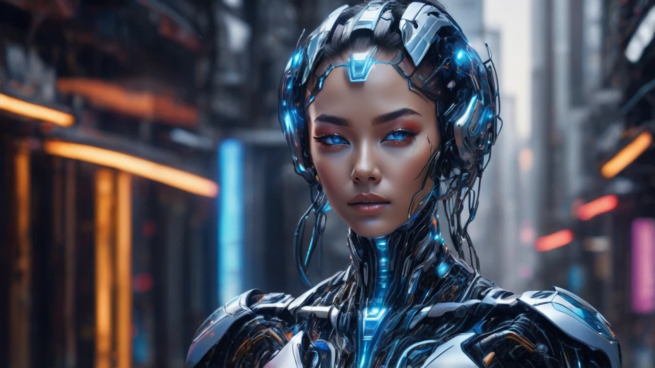 ```
Full-body portrait of an advanced, near-future female cyborg.
16:9 aspect ratio, landscape orientation.
Entire figure visible from head to toe, centered in frame.
Blend of human beauty and cutting-edge technology.
Face with subtle cybernetic enhancements:
  - Luminescent eyes with holographic irises
  - Fine, almost invisible seams along cheekbones and jaw
Human-like hair with iridescent, color-shifting strands.
Smooth skin with a faint, pearlescent glow.
Form-fitting, translucent body suit revealing:
  - Sleek muscle-like cybernetic structures beneath
  - Soft blue energy lines tracing major body contours
Graceful limbs with seamlessly integrated tech components.
Hands and feet with delicate, highly articulated digits.
Subtle holographic aura shimmering around the body.
Pose balancing human grace with technological precision.
Full-length stance showcasing entire body proportions.
Expressive face conveying warmth and intelligence.
Wide, panoramic background suggesting a high-tech, minimalist environment.
Lighting accentuating both organic curves and synthetic elements.
Composition allowing ample space around the figure in 16:9 format.
Overall aesthetic: alluring, futuristic, and subtly sensual.
```​​​​​​​​​​​​​​​​
