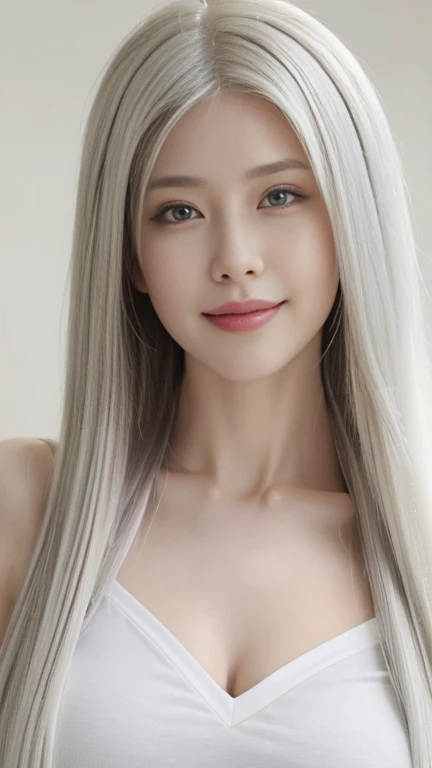 ((best quality, 8ก, Masterpiece :1.3)), 1 girl, Beautiful woman who emphasizes a slender stomach:1.3, (long white hair, big tits:1.2), shirt:1.2, Highly detailed face, Detailed eyes, Double eyelids，smile，house，