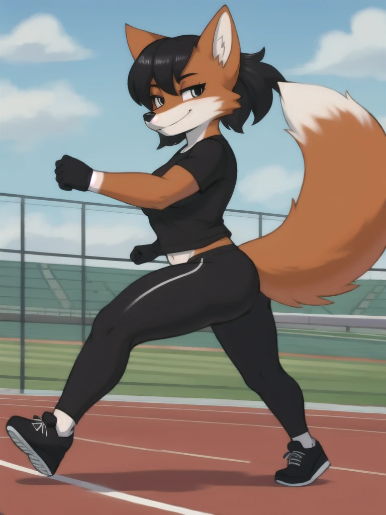 Furry, fox, female, black shirt, black leggings, shoes, running track, solo, full body