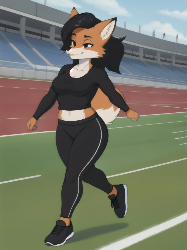 Furry, fox, female, black shirt, black leggings, shoes, running track, solo, full body