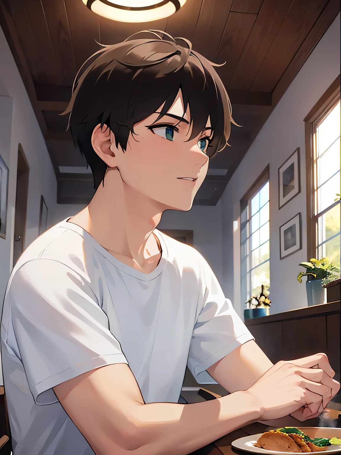 side angle,(looking away:1.5),(26 year old male:1.5),(Brown short hair),(Green Eyes),BREAK(White T-shirt:1.5)BREAK,(A light smile),(Biologically correct5refer to),The dining room in the background,alone,profile
