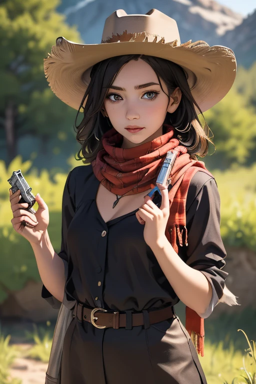 Highest quality　High resolution　Western Wilderness　Cute girl in gunfighter clothes　Ten-gallon hat　Pistol　gun belt　A scarf is wrapped around the neck　The background is the wilderness:1.8