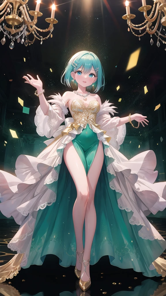 (8K, best quality, master piece: 1.2),super high resolution,1 girl, solo, full body ,ultra-detailed face, silme, Rainbow hair, thin hair clip, cyan colorshift eyes, expressive eyes, Ecstatic expression, Formal gown, silk, satin, emerald green, gold, pearl necklace, earrings, Grand ballroom, gold, red, white, bright and luxurious
