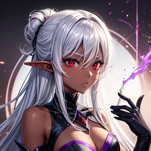 expensive、Slim figure。
- Long silver hair tied back。
- Sharp red eyes、Always keep a calm expression。
- A dark-skinned elf in a gorgeous black and purple chef's uniform