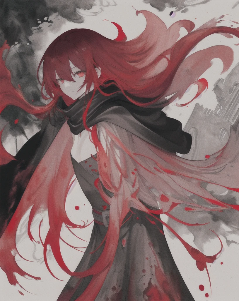 1girl,(red hair)),red eyes,萝,long hair,(loose long hair),((black cloak)),(cape hood),scarf,red moon on the sky,night,floating red flowers falling,upper body,ruins,intense shadows,ash,fire,ice,((Ink wash painting)),((ink splashing)),((color splashing)),