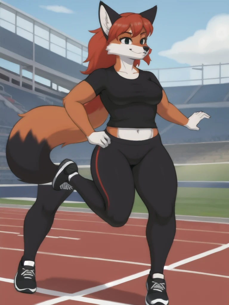 Furry, fox, female, black shirt, black leggings, shoes, running track, solo, full body