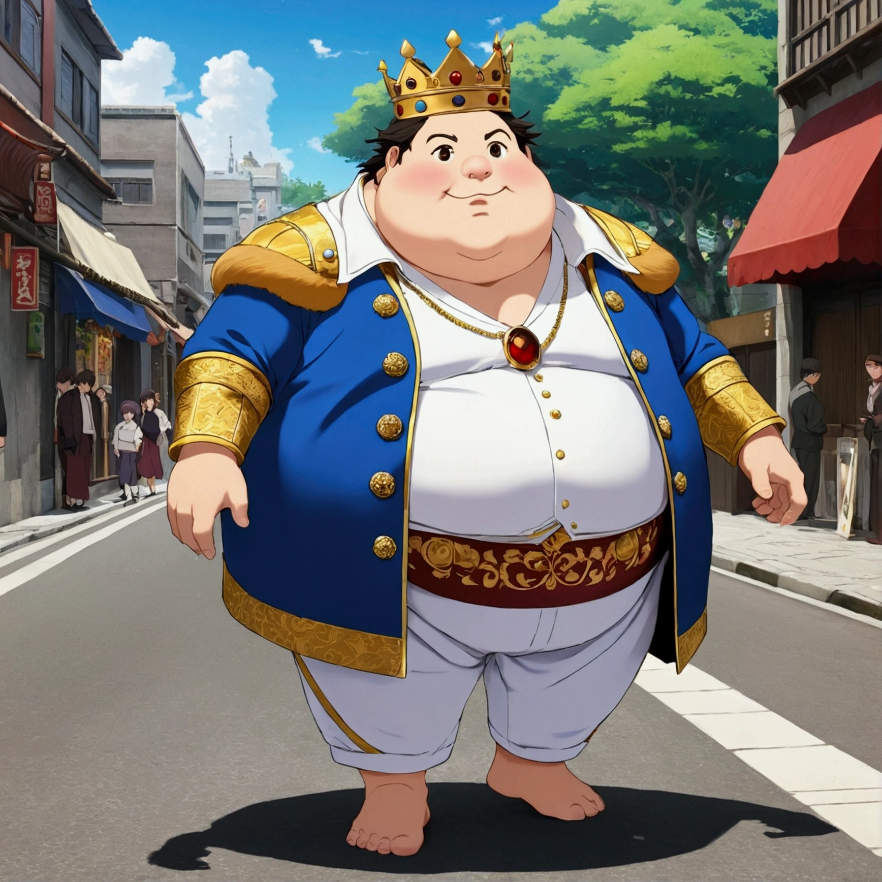 A very chubby and cute king walking down the street Anime The King's New Clothes