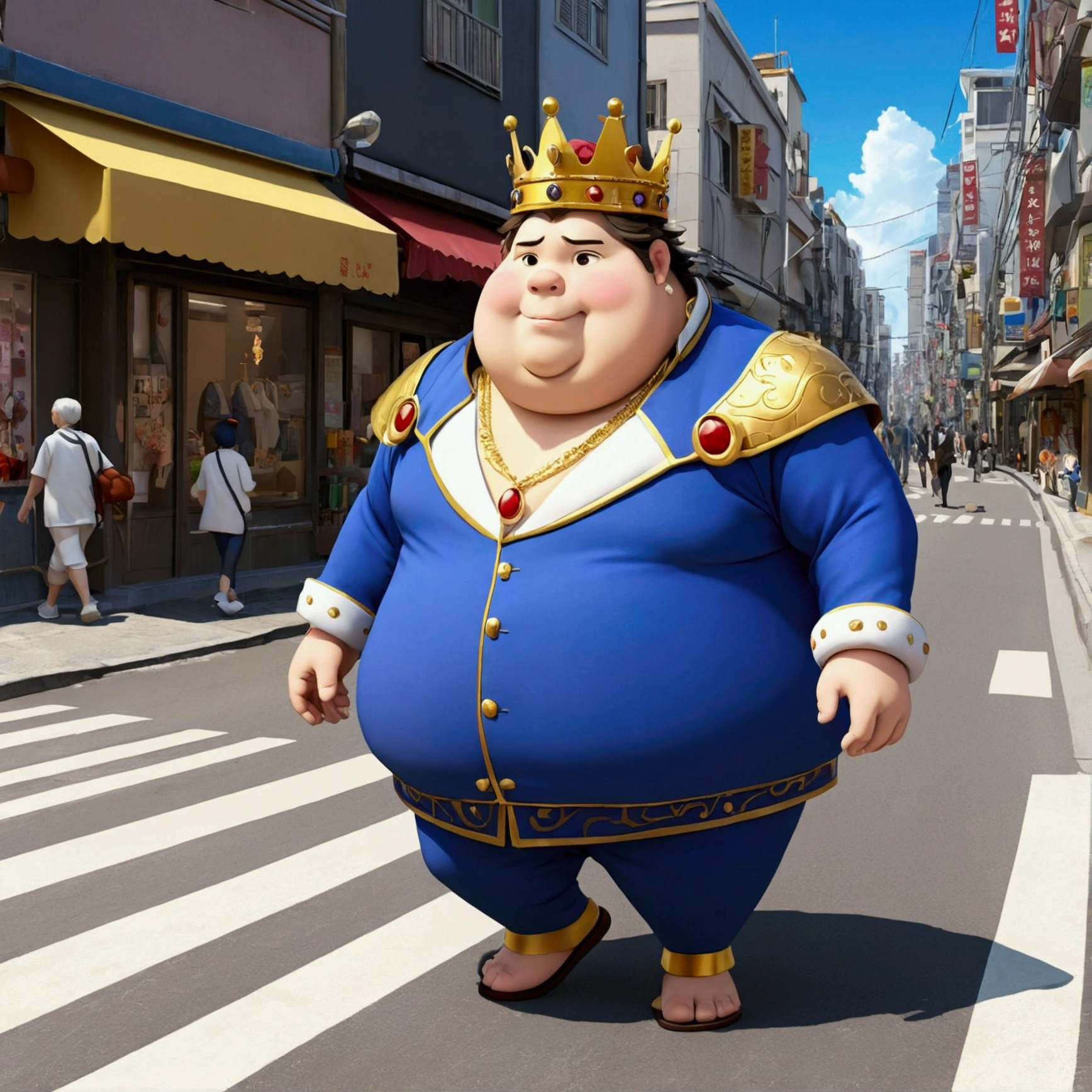 A very chubby and cute king walking down the street Anime The King's New Clothes