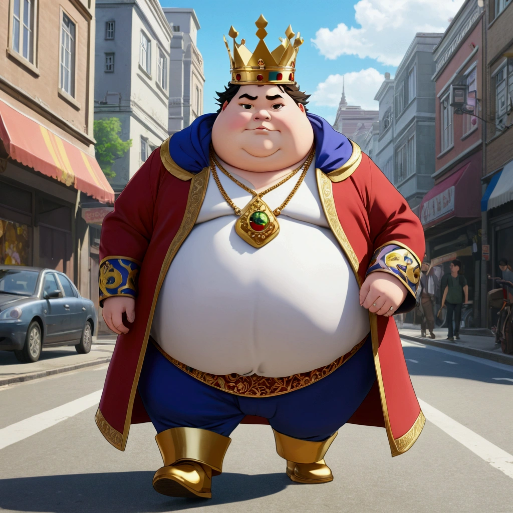 A very chubby and cute king walking down the street Anime The King's New Clothes