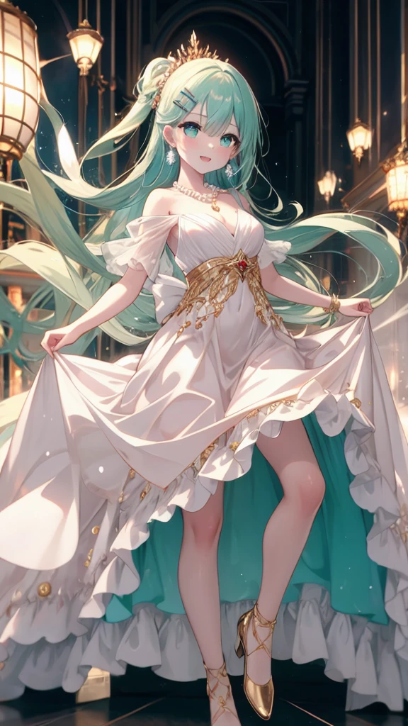 (8K, best quality, master piece: 1.2),super high resolution,1 girl, solo, full body ,ultra-detailed face, silme, Rainbow hair, thin hair clip, cyan colorshift eyes, expressive eyes, Ecstatic expression, Formal gown, silk, satin, emerald green, gold, pearl necklace, earrings, Grand ballroom, gold, red, white, bright and luxurious