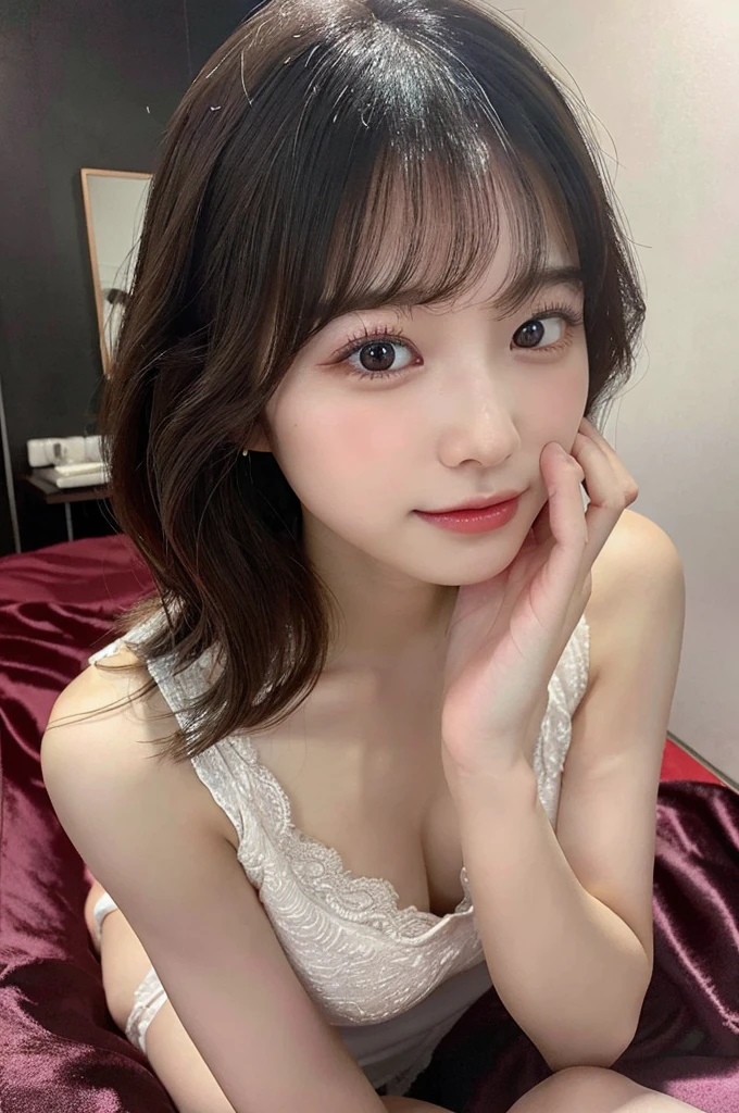(8K壁紙),(8K),(Highest quality)、(Ultra-high resolution)、(RAW Photos、Cinema Lighting、high resolution、masterpiece),Professional photos,(Realistic, Photorealism),(high resolutionCG統合8K壁紙, Physically Based Rendering),Photorealistic,Beautiful perfectly detailed face,Beautiful perfectly detailed eyes,Beautiful perfectly detailed nose,Beautiful perfectly detailed mouth,Beautifully and perfectly detailed hand,Perfectly detailed fingertips,Beautiful detailed feet,Japanese , 18 year old Japanese girl, Beautiful detailed hairstyle,Cute Japanese Idols,Perfect Face,Super detailed face,Attention to detail,double eyelid,Slim figure,looking at the camera, (Realistic, Photorealism), (Highest quality), (Best Shadow),No makeup,Big Breasts,Emphasize the chest,Beautiful clavicle,On all fours、Stick your butt out、Silk camisole、bedroom、