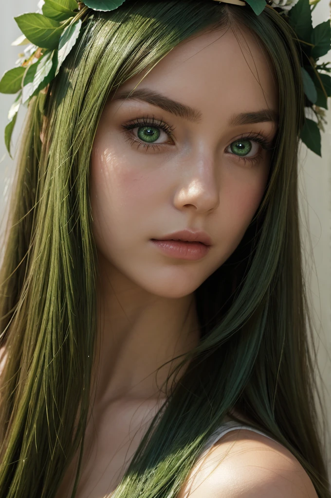 a girl.  face sent feeling.  Europe.  Oval face.  long face.  delicate facial features.  sad eyes.  seductively seductive.  Gorgeous.  green eyes.  long straight hair.  green hair.  wreath on head.  very sad expression.  shy