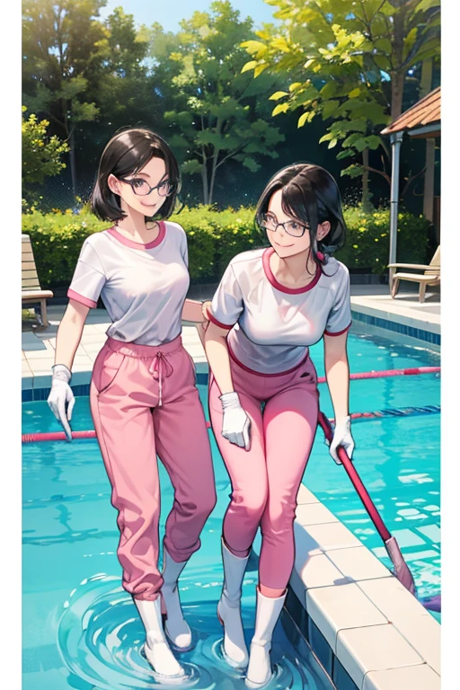 Two mature women with black hair and glasses, wearing short sleeves, long pants and gym clothes, wearing large pink rubber gloves and white rubber boots, smiling as they clean the school pool.