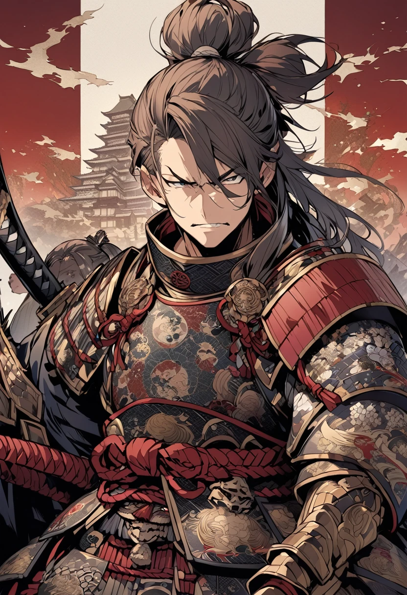 Dressed in traditional samurai armor with intricate designs、Famous Japanese historical figures、Detailed images of Toyotomi Hideyoshi、He has a topknot and a stern expression.、Has an intimidating presence。The background is a traditional Japanese castle