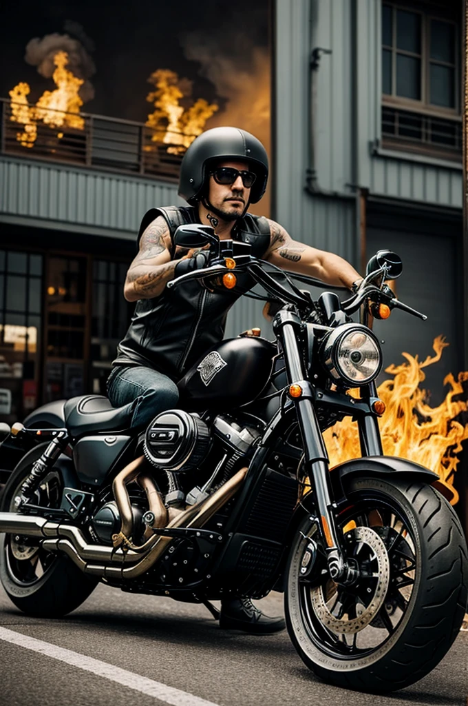 Black sheep with vest on motorcycle harley davidson moto club with flames