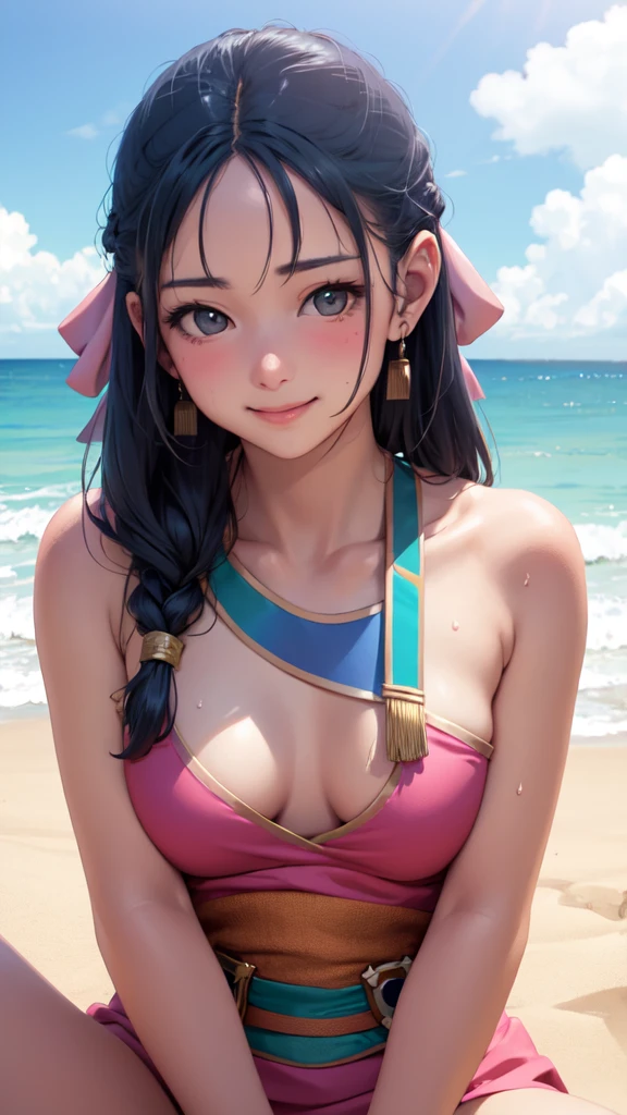 Nera、Hair Ribbon、Earrings、chest、Sash、（Highest quality、masterpiece、RAW Photos、Super detailed:1.2）、1 girl、小さなchest, Sitting, chestをかくす, Upper Body, Turn your body forward, hot, Sweating a lot, Wipe away sweat, looking at the camera, Ocean, beach, Beach, fist, smile