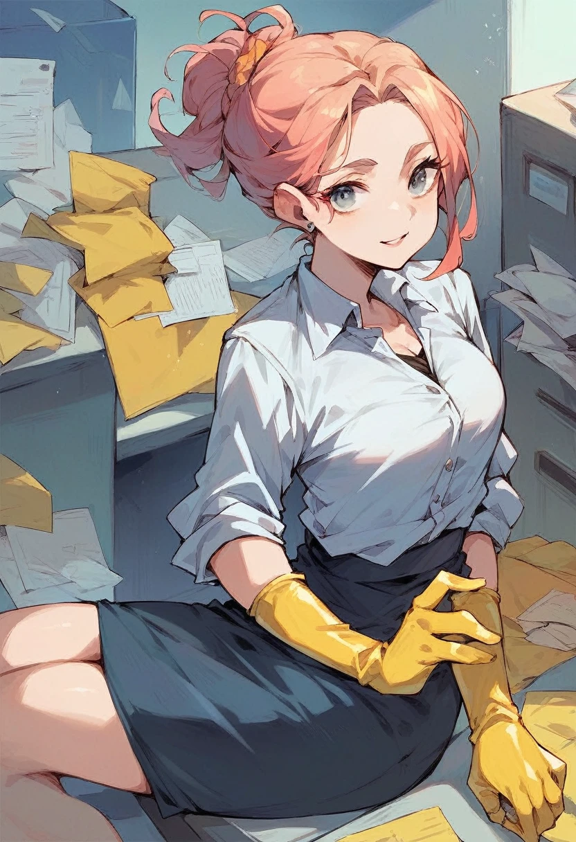 Anime,girl,office uniform,skirt,yellow rubber gloves,