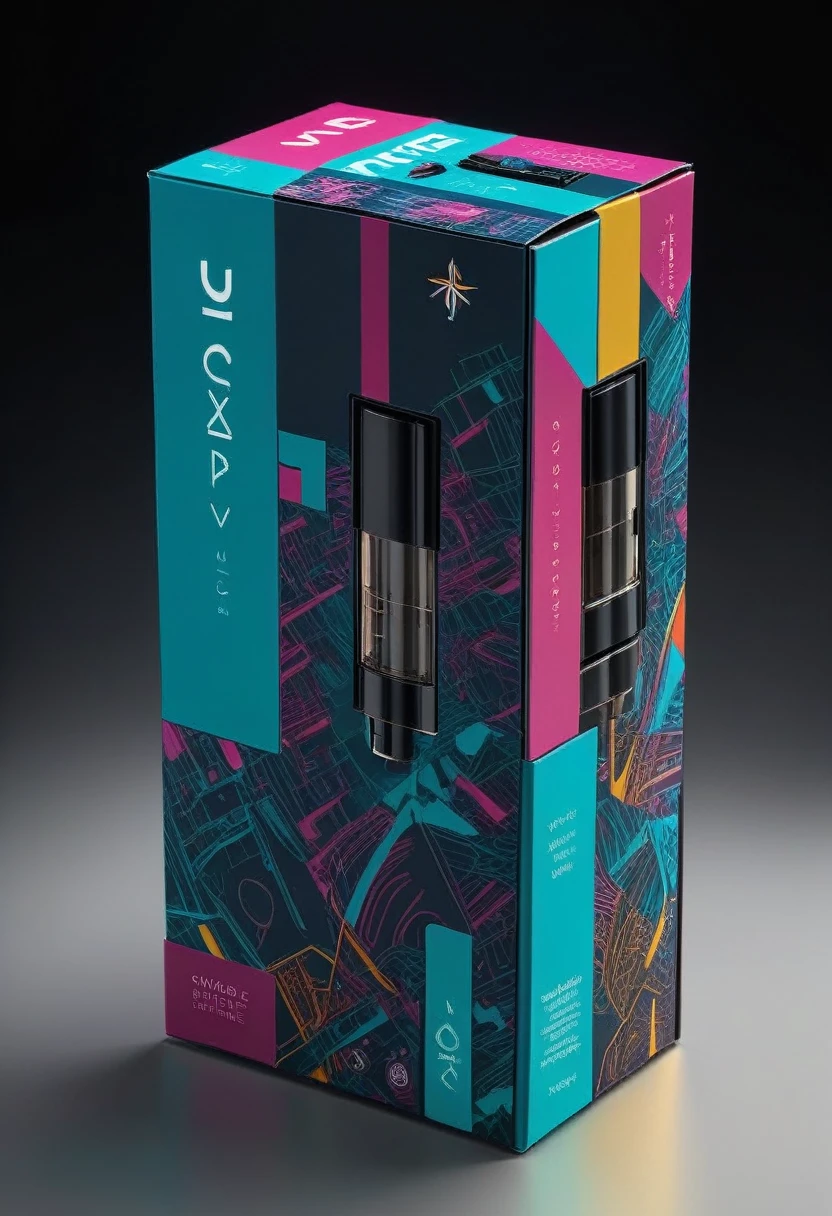 Square box type VAPE packaging with full, harmonious, cyberpunk composition.