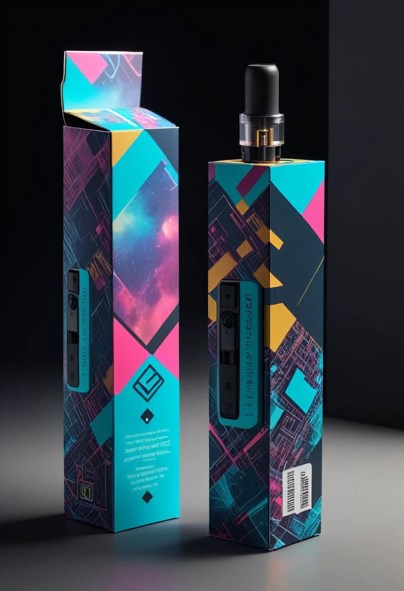 Square box type VAPE packaging with full, harmonious, cyberpunk composition.