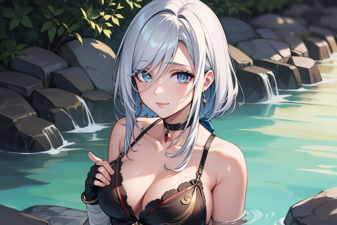 beautiful older women with long grey hair and grey eyes
BREAK (red choker,bandaged arm, bandaged leg, bandages, bracelet, chest sarashi,cleavage, collarbone, fingerless gloves:1.2),
BREAK onsen, steam, (partially submerged:1.3), looking at viewer, smile,((hands behind back:1.5)),
BREAK (masterpiece:1.2), best quality, high resolution, unity 8k wallpaper, (illustration:0.8), (beautiful detailed eyes:1.6), extremely detailed face, perfect lighting, extremely detailed CG, (perfect hands, perfect anatomy),