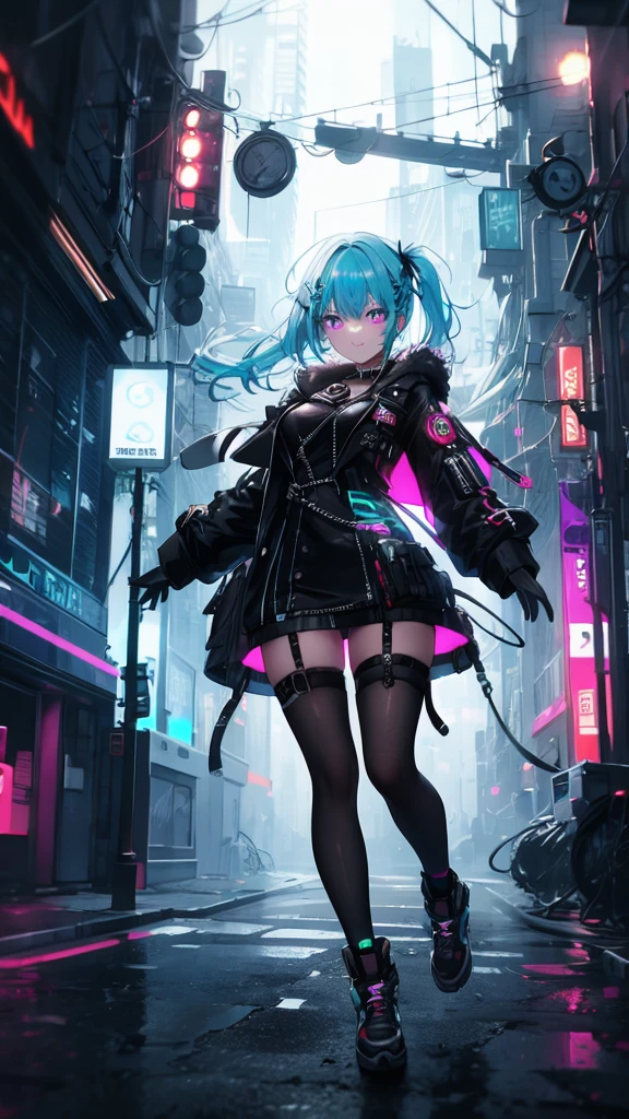 (8K, best quality, master piece: 1.2),super high resolution,1 girl, solo, full body ,ultra-detailed face, silme, Rainbow hair, thin hair clip, cyan colorshift eyes, expressive eyes, Ecstatic expression, Steampunk dress, leather, canvas, brown, copper, gear accessories, goggles, Cyberpunk cityscape, black, neon blue, red, dark but neon lights are vivid