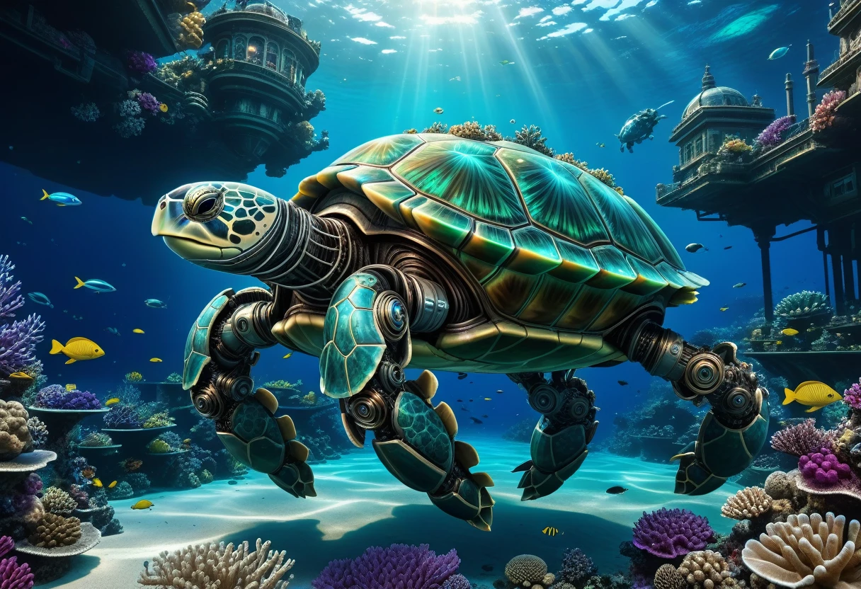 a huge android robot turtle, carrying a futuristic underwater city on its back, detailed mechanical exoskeleton, intricate gears and joints, advanced technology, underwater sci-fi landscape, bioluminescent coral reefs, shimmering blue-green ocean, dramatic lighting, photorealistic, 8k, cinematic composition, digital art, concept art