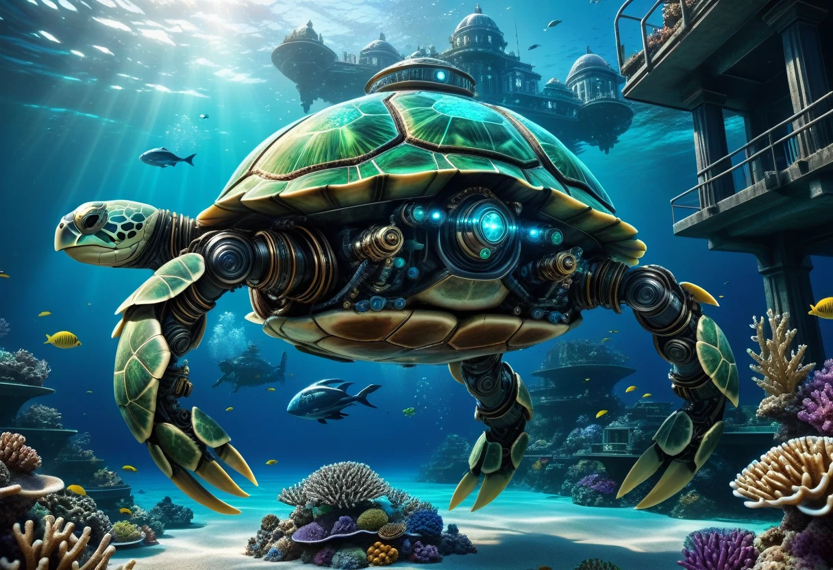 a huge android robot turtle, carrying a futuristic underwater city on its back, detailed mechanical exoskeleton, intricate gears and joints, advanced technology, underwater sci-fi landscape, bioluminescent coral reefs, shimmering blue-green ocean, dramatic lighting, photorealistic, 8k, cinematic composition, digital art, concept art