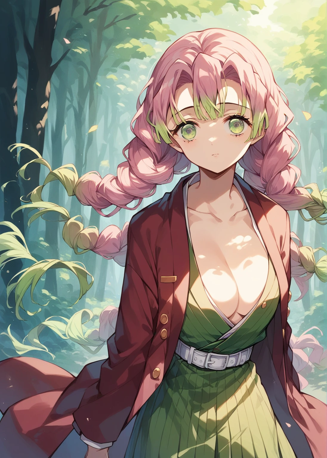 ( The most beautiful masterpiece , Beautiful light , woman ) Kanroji Mitsuri, Kimetsu no Yaiba , green eyes , pink hair green , Single person pic , Light purple yukata , red coat, In the forest , Show the evening sun