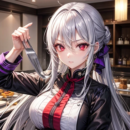 expensive、Slim figure。
- Long silver hair tied back。
- Sharp red eyes、Always keep a calm expression。
- Gorgeous black and purple chef uniform