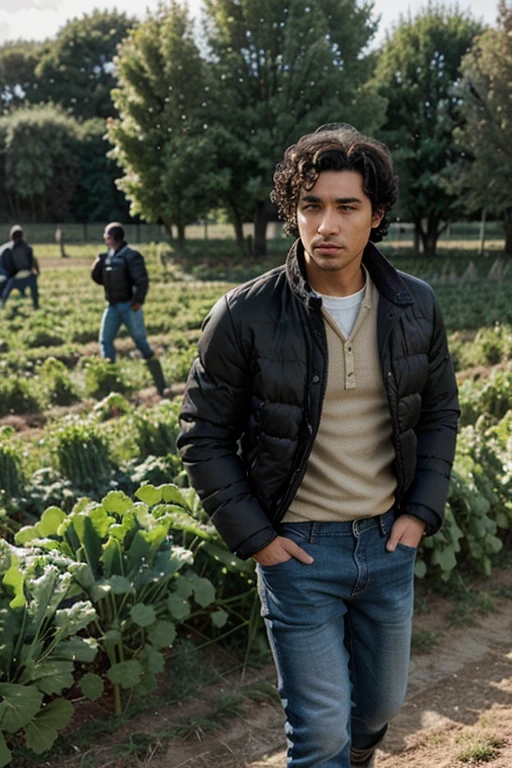 mature man, short black curly hair , tez moreno , with jean pants and black puffer jacket , He has ankle boots with beige laces  . Behind him there is a field of vegetables , there are people working in the field.