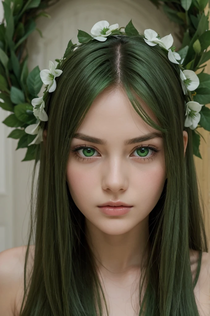 a girl. thirty years old. face sent feeling. Europe. Oval face. long face. delicate facial features. thoughtful eyes. seductively seductive. green eyes. long straight hair. green hair. wreath on head. Red lips. sad expression. shy expression. straight face