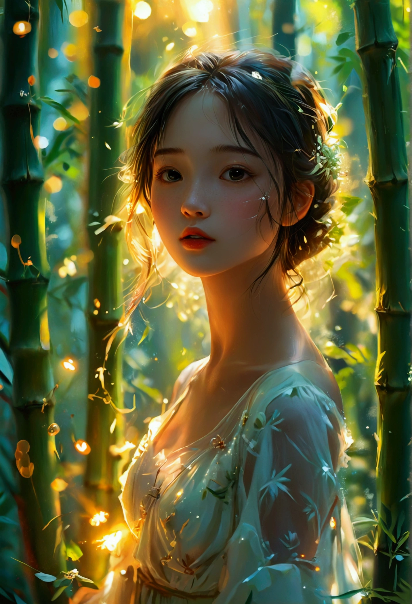 Exquisite illustration style,A girl,White Dress,firefly,Summer,bamboo forest,Dreamy atmosphere