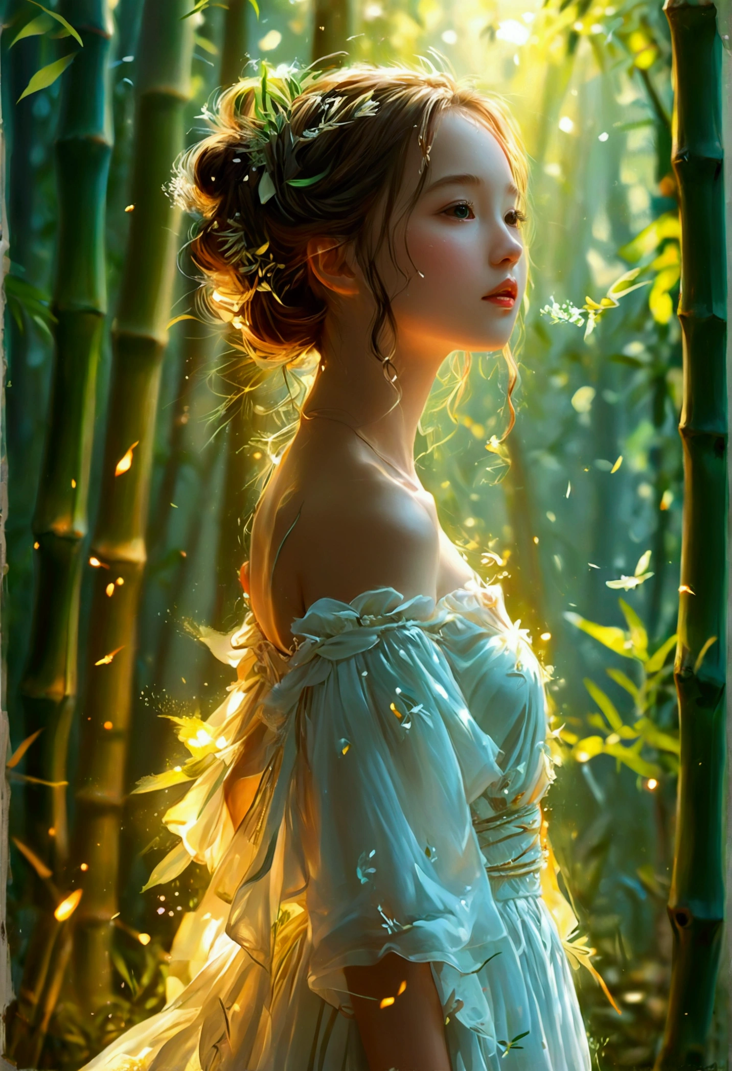 Exquisite illustration style,A girl,White Dress,firefly,Summer,bamboo forest,Dreamy atmosphere