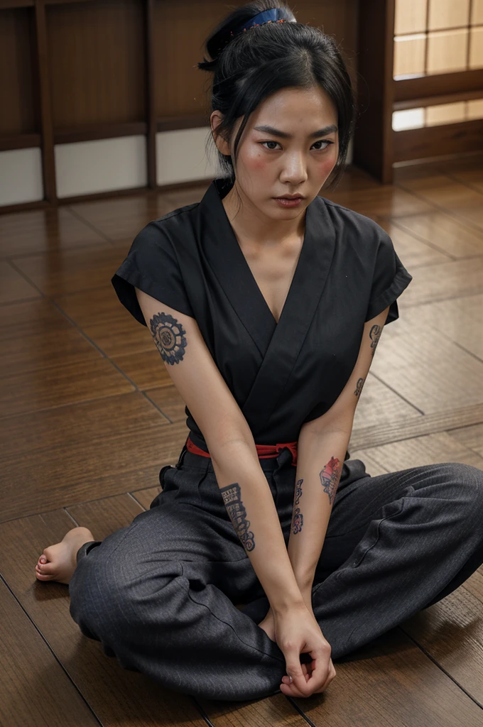 Hyper-detailed photorealistic image of a young Korean woman with short black hair, ponytail, having a full skin tattoo futuristic red-blue-black pattern Yakuza tattoo, yukata pants, sitting on an old-fashioned Japanese style wooden floor, with a cynical, hateful, angry face, a sword pieced at her chest, bloody body, stabbed wound