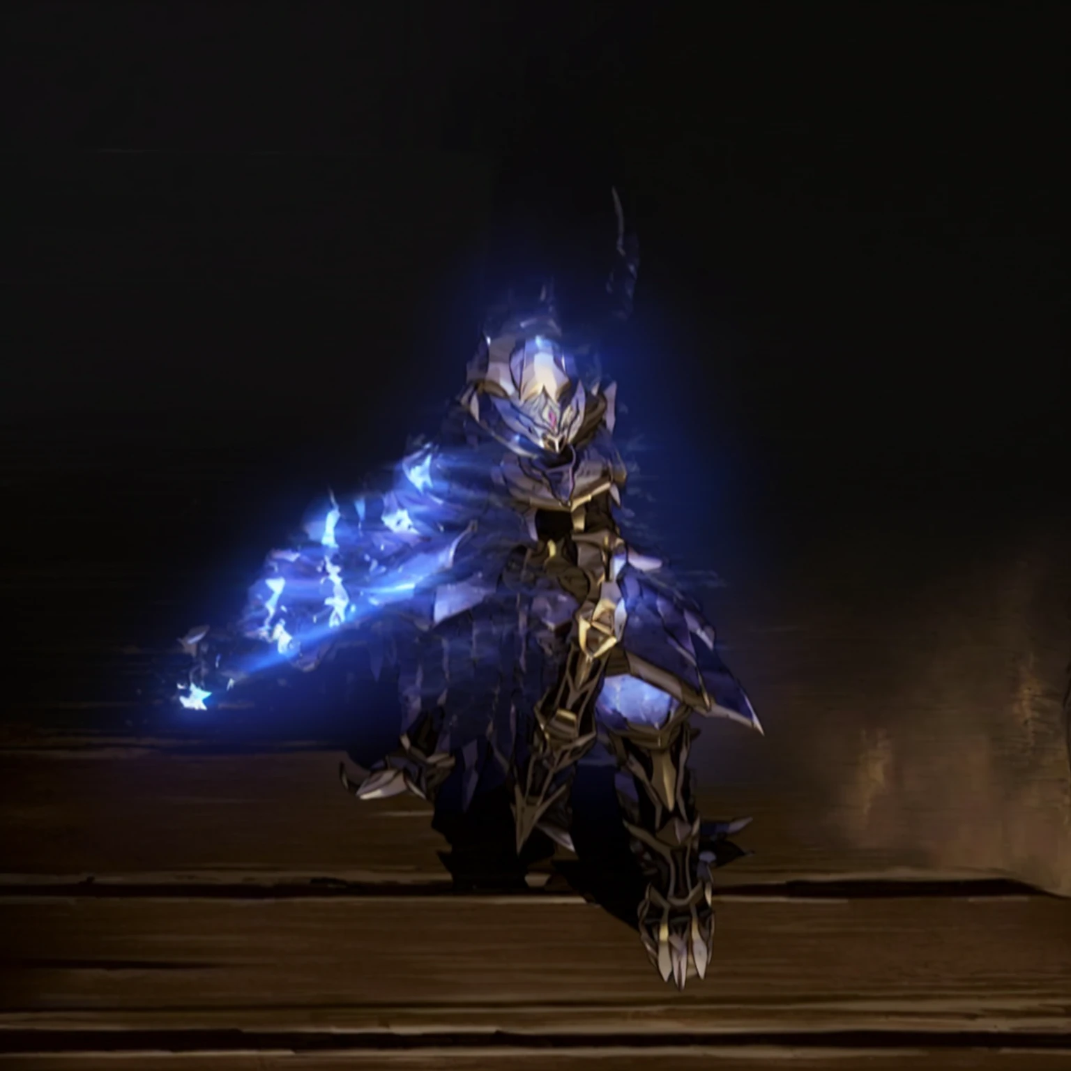 Screenshot of a demonic looking creature holding a glowing sword, Flame Magic Gloves, Silver ice-colored reflective armor, black fire colored reflective armor, light shining from armor, Dressed in celestial battle armor, Light comes from the armor, Smooth Shiny Armor, Shining Dragon Staff, Holy Flame Crown Order, Intricately shining mecha armor