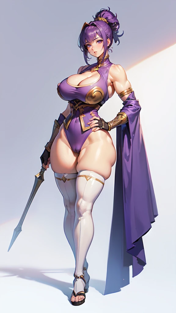 (masterpiece), best quality, female warrior, huge girl, female muscular:1.2, shoulder armor, pauldron, (curvy:1.7), (((blank background))), ((full body)), fingerless gloves, sandals, sleeveless, covered nipples, ((buzzcut hairstyle)), purple hair, hair over eyes, ((very big legs:1.4)), ((camel toe)), (cleavage),