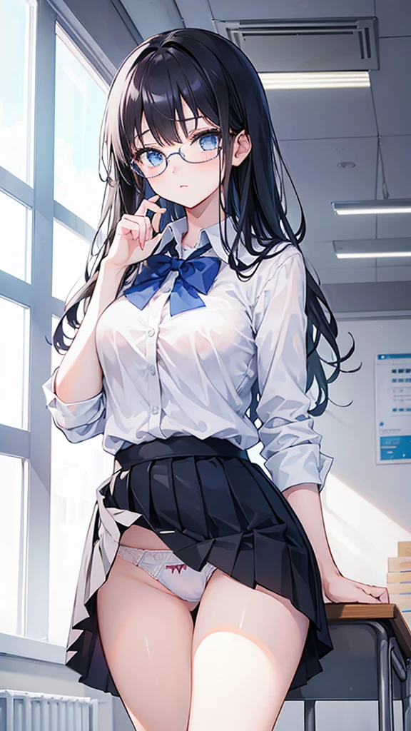 young girl, high , classroom, skirt, white panties, light blue eyes, black hair, glasses, quiet, elegant
