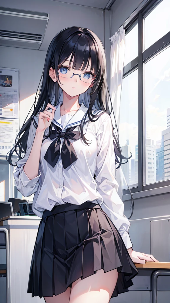 young girl, high , classroom, skirt, white panties, light blue eyes, black hair, glasses, quiet, elegant